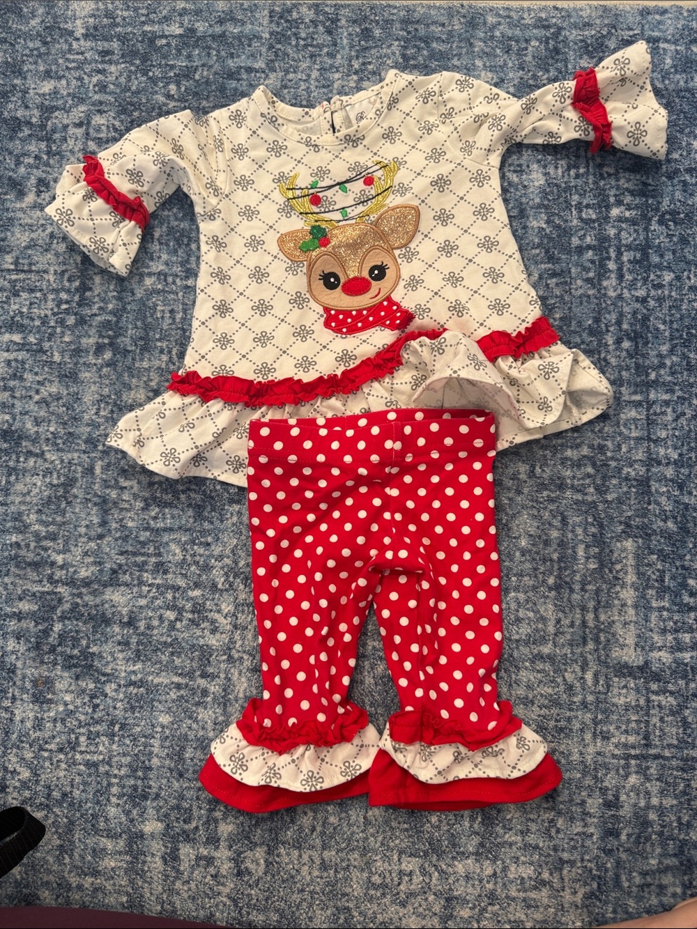 Girls White & Red Reindeer Ruffle Set